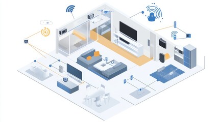 Smart Home Isometric Illustration with Internet Connected Devices and Furniture.