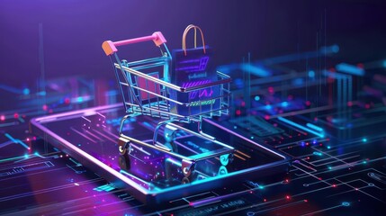 E-commerce solutions, digital shopping platforms, 3D illustration, future retail concept, copy space,
