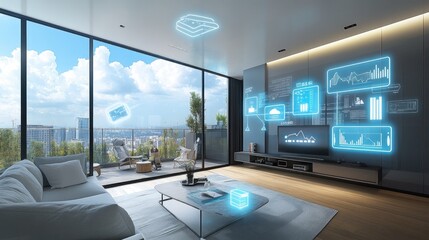 Smart home living room with panoramic city view and futuristic user interface.