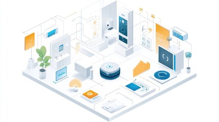 Smart home technology isometric illustration with connected devices, appliances, and data visualizations.