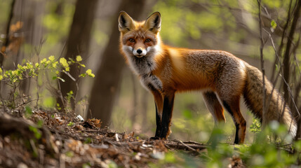 Fototapeta premium A red fox (Vulpes vulpes) posing in the spring woods. --ar 16:9 --v 6.1 Job ID: e9f3dbfe-e181-4cc6-a762-a5c9b6bff36d
