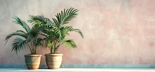 Fototapeta premium Two Palm Plants in Pots Against a Pink Wall