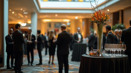 Professionals networking at a corporate mixer, with a focus on social interaction and business connections.