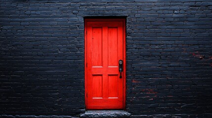 Bright red door on a dark charcoal brick wall