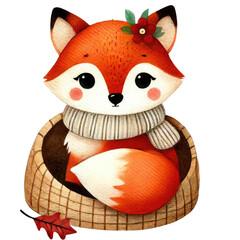 Cute illustrated fox with a cozy scarf sitting in a basket, perfect for autumn and children's decor.