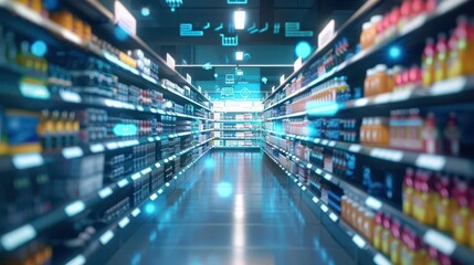 Smart shelves, IoT-enabled inventory management, 3D illustration, advanced retail concept, copy space,