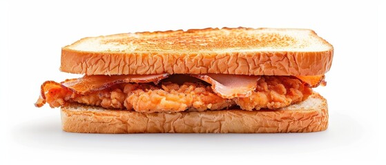 A sandwich with bacon and ham on a white background. The sandwich is cut in half and is toasted