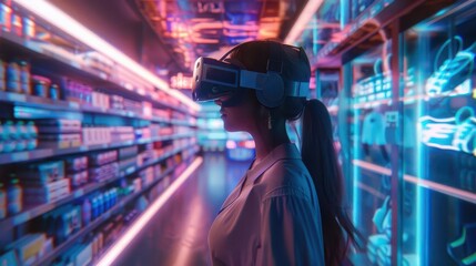 Obraz premium Virtual reality retail, immersive shopping environments, 3D illustration, futuristic marketing concept, copy space,