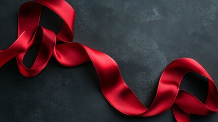 Fototapeta premium Crimson red silk ribbon curled on a dark charcoal tabletop