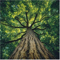 Upward View of Tall Tree with Lush Green Leaves