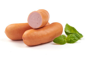 Boiled sausages, close-up, isolated on white background.