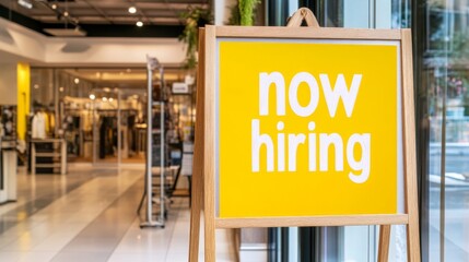 "Now Hiring" - Retail Opportunity Awaits: A vibrant yellow "Now Hiring" sign beckons job seekers into a bustling retail store, promising new beginnings and exciting career prospects.  