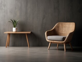 Wicker Armchair with Grey Cushion and a Wooden Table in a Minimalist Interior Setting