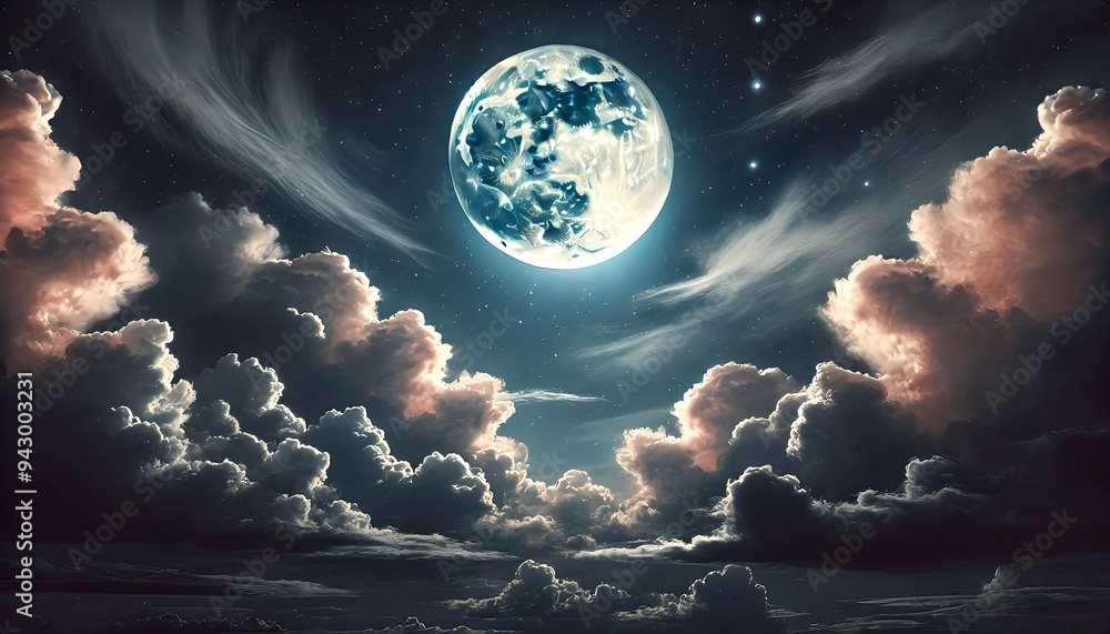 Wall mural a full moon glowing in a night sky filled with thick clouds. the stars are faint, but their presence