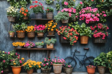 Colorful Potted Plants Display Against Rustic Wall with Whimsical Bicycle Planter