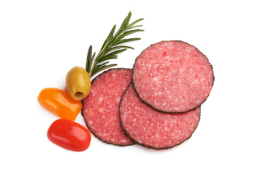 Peppered salami slices, isolated on white background.
