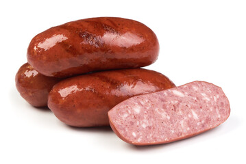 Grilled bavarian sausages, isolated on white background.