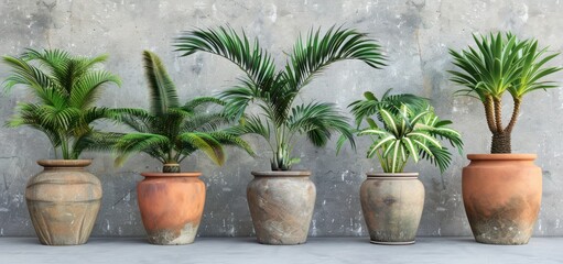 Fototapeta premium Five potted plants on a gray background