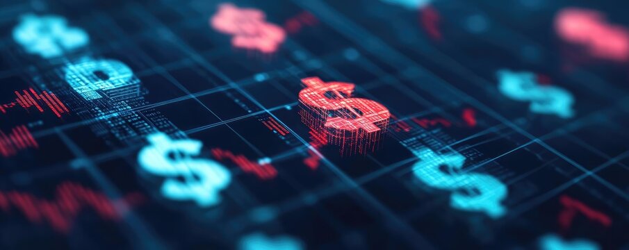 Abstract digital rendering of economic policy shifts represented by moving currency symbols, concept of market impact