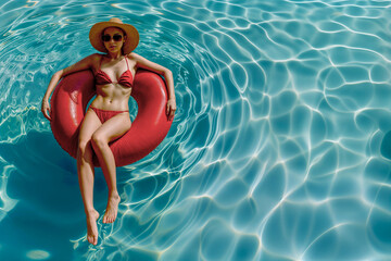 A beautiful woman in a bikini is reclining on a red float in a pool. She is wearing a straw hat.