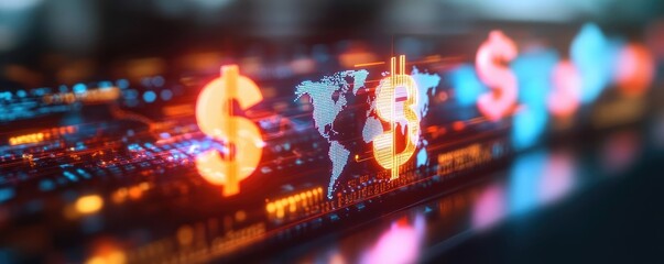Visual representation of economic policy influencing international relations, depicted through digital maps and currency symbols