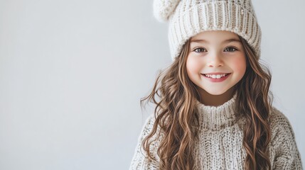 Smiling girl in a cozy knit sweater and winter hat, soft natural lighting, clean white background, joyful expression