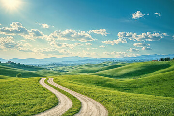 Fototapeta premium Panoramic view of green rolling hills with a dirt road under a bright sky with clouds.