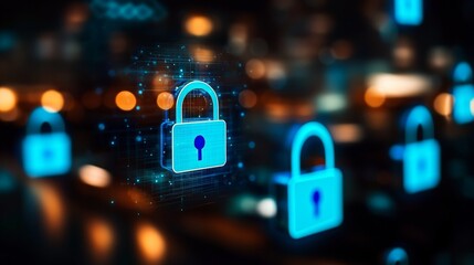 Digital cityscape, blue padlock icons hovering, secure virtual office spaces, futuristic urban design, sleek buildings