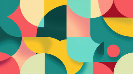 Obraz premium Abstract colorful flat background with geometric shapes and patterns in teal, green, yellow, pink and beige