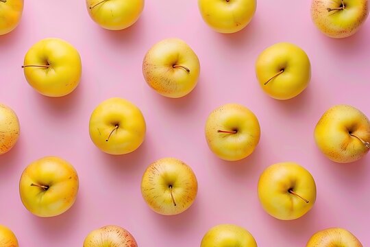Pattern of ripe yellow apples on pink background. Arranged fresh whole apple flat lay, top view. Summer natural food, design elements. Lots of raw apples. Tasty and juicy. Minimal trendy fruit concept