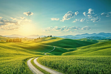 Fototapeta premium Scenic view of a winding road through green rolling hills under a bright sky with the sun