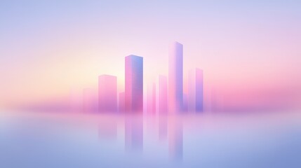 A city skyline is reflected in the water, with the buildings appearing to be made of blocks. The sky is a soft pink color, giving the scene a dreamy, ethereal quality