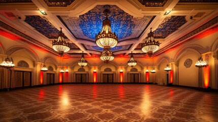 Obraz premium Elegant Ballroom with Intricate Ceiling Design, Vibrant Chandeliers, and Warm Lighting Enhanced by Red and Blue Uplighting