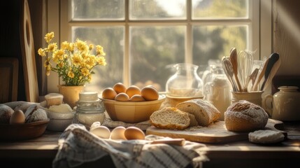 Freshly Baked Bread, Rustic Kitchen Window