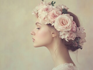 Obraz premium Woman with floral headdress, soft pink tones, side profile, studio lighting, minimalistic background