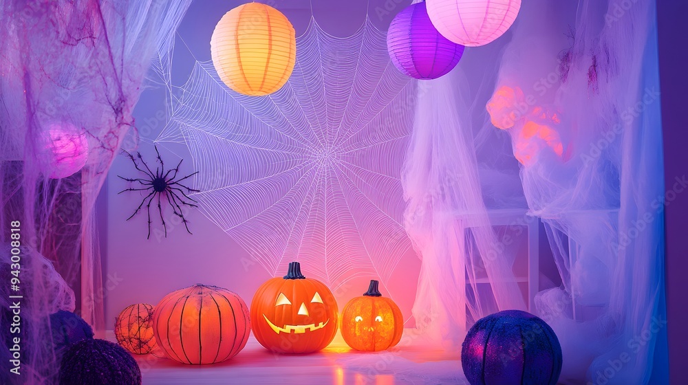 Wall mural oversized spider web with floating decorations in a pastel vignette