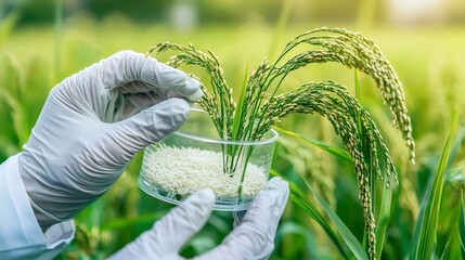 Scientist examining genetically modified rice in a petri dish in a field.