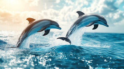 Two dolphins gracefully leap from the ocean waves during a vibrant sunset, showcasing the beauty of marine life and nature.