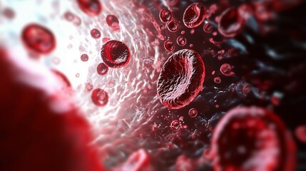 Close-up of red blood cells flowing through a blood vessel, illustrating the concept of blood circulation.