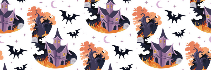 Spooky Halloween seamless pattern. Cute haunted house in cemetery. Halloween background with old wood, tombstones and bats. For printing, wrapping paper, wallpaper, fabric. Vector flat illustration.