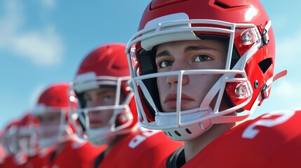 Fototapeta premium Focused young football players in red helmets display determination and teamwork. 