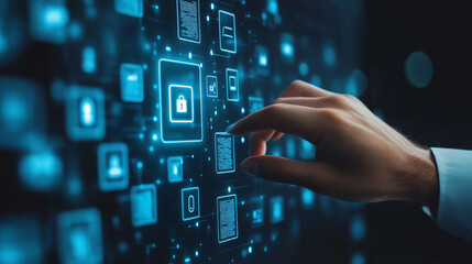 hand touching virtual screen, lock icon screen