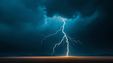 A dramatic scene showcasing a powerful lightning bolt striking through dark storm clouds over a tranquil landscape.