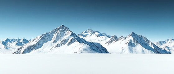 Breathtaking panorama of snow-covered mountains under a clear blue sky, showcasing nature's beauty and vastness.