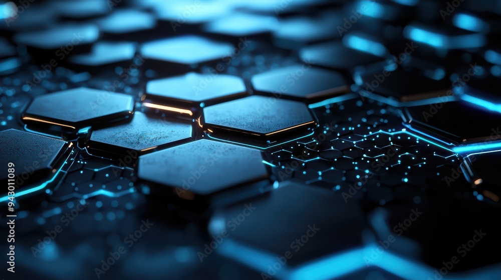 Poster futuristic hexagonal pattern with glowing blue accents creates high tech atmosphere. image conveys s