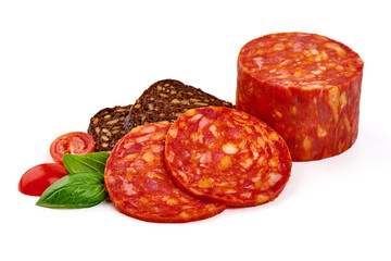 Spanish pork chorizo sausage slices, close-up, isolated on white background.