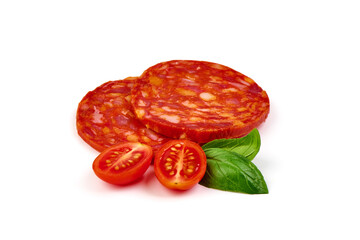 Spanish pork chorizo sausage slices, close-up, isolated on white background.