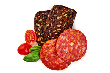 Spanish pork chorizo sausage slices, close-up, isolated on white background.