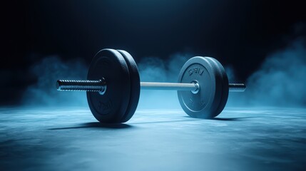 A focused and powerful dumbbell rests on misty surface, symbolizing strength and determination. 