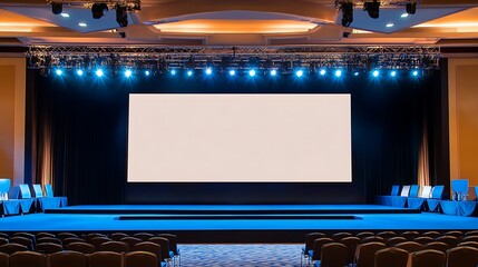Modern Conference Stage with Large Blank Projector Screen and Elegant Lighting for Business Events